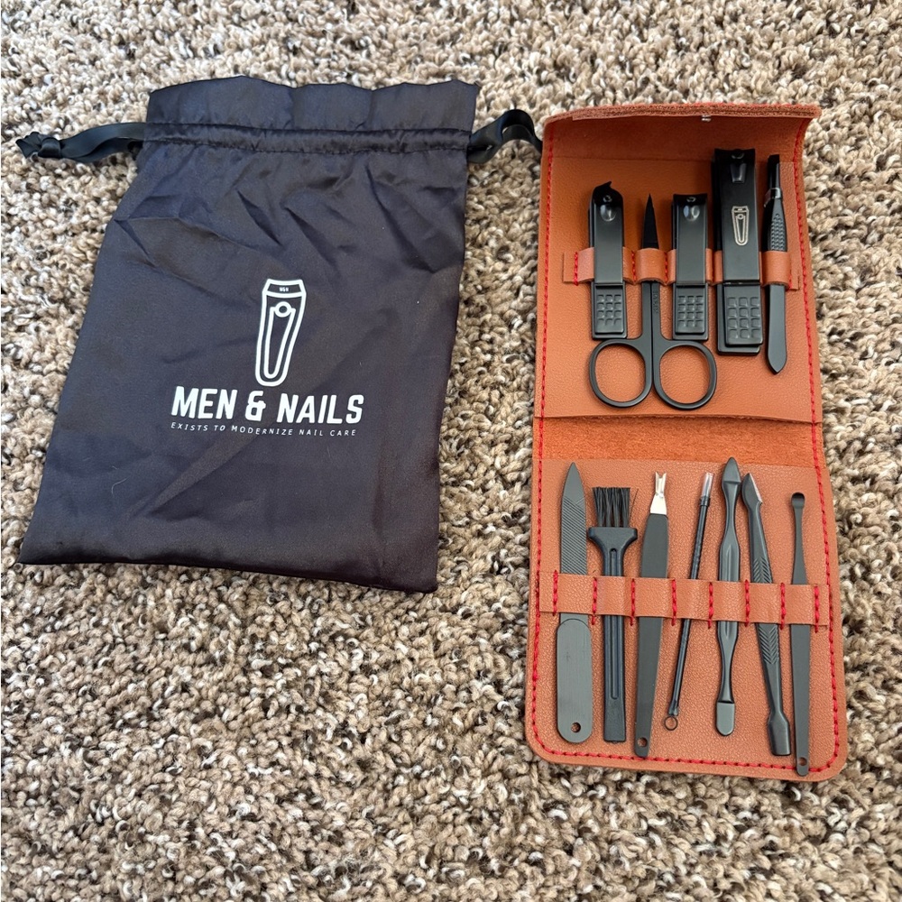12-Piece Men's Grooming Set — Black Tools with Brown Case